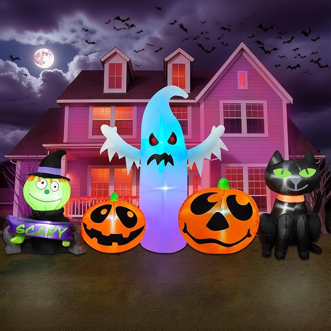 8FT Long Halloween Inflatable Outdoor Decorations Pumpkin Ghost and Black Cat Inflatable Yard Decoration with Build in LEDs Blow Up Ghost for Indoor Outdoor Party Lawn Yard Garden Decor