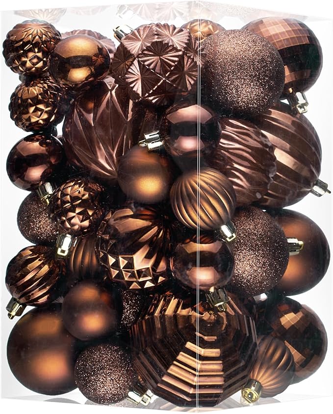 JORNOY Christmas Tree Ornaments Set, 47 Pack Assorted Shatterproof Hanging Balls Decorations, Plastic Bulbs Bulk with Lanyard for Home Holiday Party Decor, 3-Sizes (Brown)