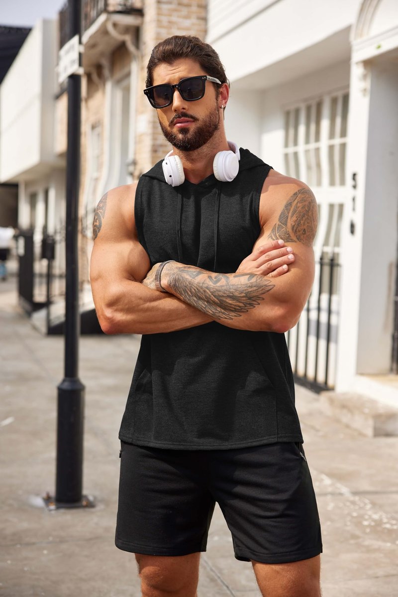 COOFANDY Men's Workout Hooded Tank Tops Bodybuilding Muscle Cut Off T Shirt Sleeveless Gym Hoodies Black