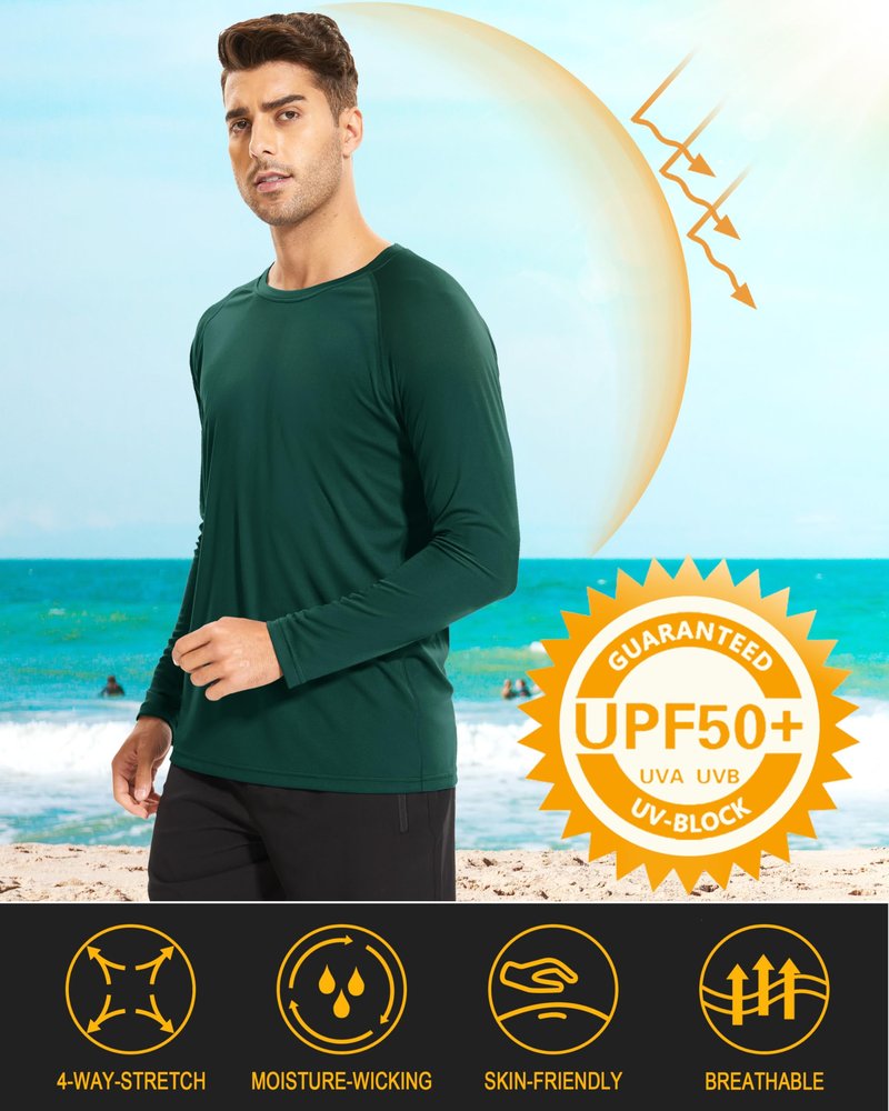 MAGCOMSEN Men's Dark Green UPF 50+ Sun Protection Quick Dry Long Sleeve Athletic T-Shirt XX-Large