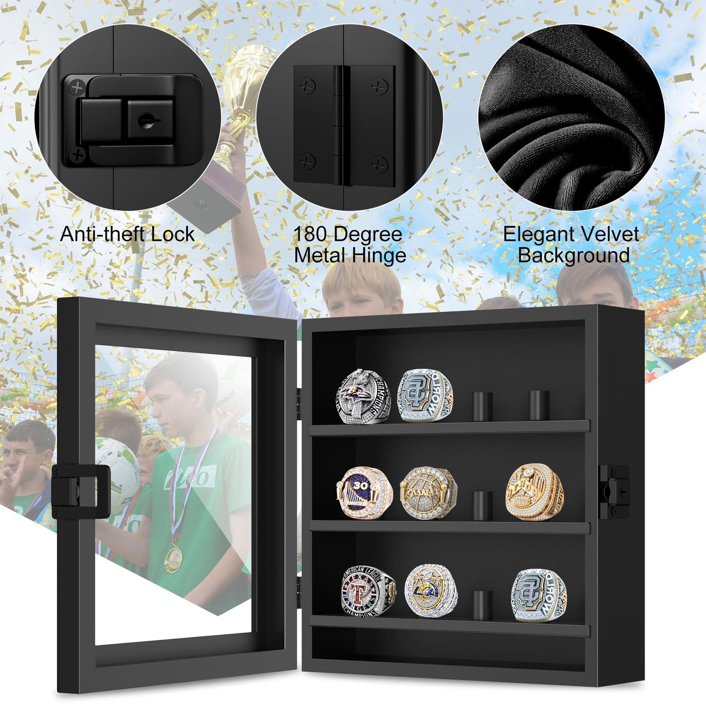 Championship Ring Display Case, 12 Ring Posts Baseball Ring Holder, Wall Mount Wooden Shadow Box for Multiple Championship Rings
