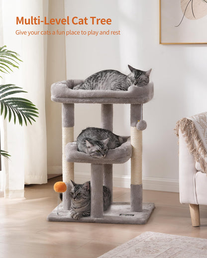 FourFurPets Small Cat Tree, Multi-Level Cat Tree for Indoor Cats, Cat Tower with Scratching Post, Cat Condo for Kittens,Toy Balls, 2 Soft Platform, Light Gray
