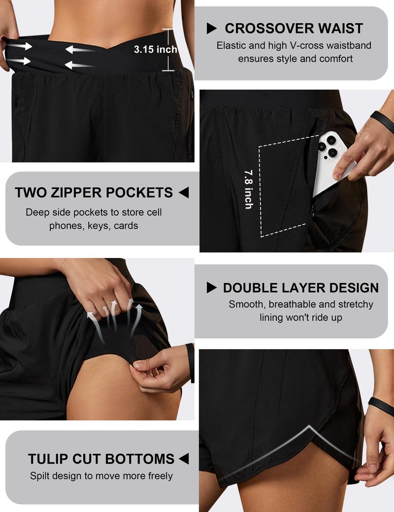 Blooming Jelly Women's Workout Shorts Athletic Running Crossover High Waisted Gym Sport Yoga Shorts with Zipper Pockets (Dark Blue with Pink,Small)