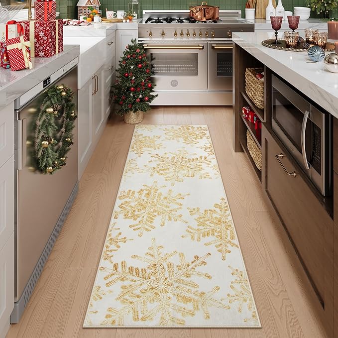 Lahome Snowflake Christmas Runner Rug, 2x6 Non Slip Christmas Rug Runners for Hallways Non Skid Washable Runner Rug Holiday Decor Carpet Runner for Kitchen Bedroom Laundry(2x6ft,Gold)