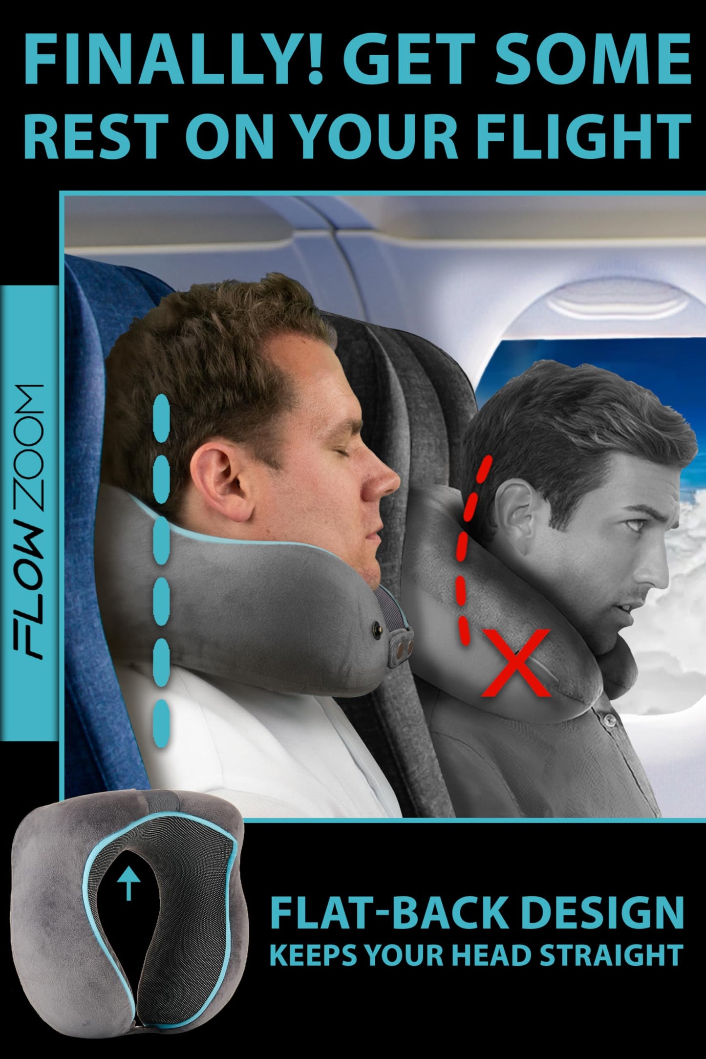 FLOWZOOM Memory Foam Travel Pillow for Airplanes & Car Rides – Adjustable Airplane Pillow with 360° Chin and Neck Support for Comfy Naps, Extra-Soft Washable Neck Pillow Cover, Squeezy Mesh Bag – Grey