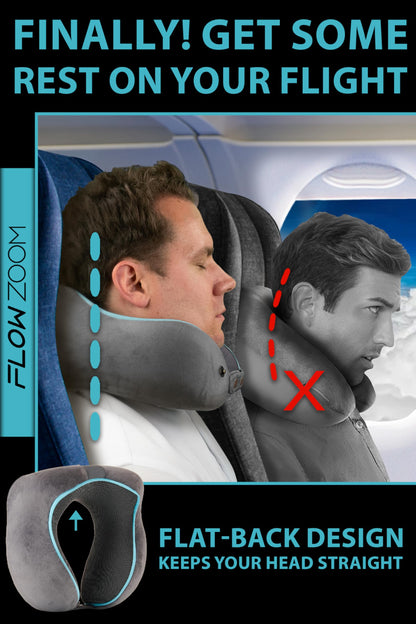 FLOWZOOM Memory Foam Travel Pillow for Airplanes & Car Rides – Adjustable Airplane Pillow with 360° Chin and Neck Support for Comfy Naps, Extra-Soft Washable Neck Pillow Cover, Squeezy Mesh Bag – Grey
