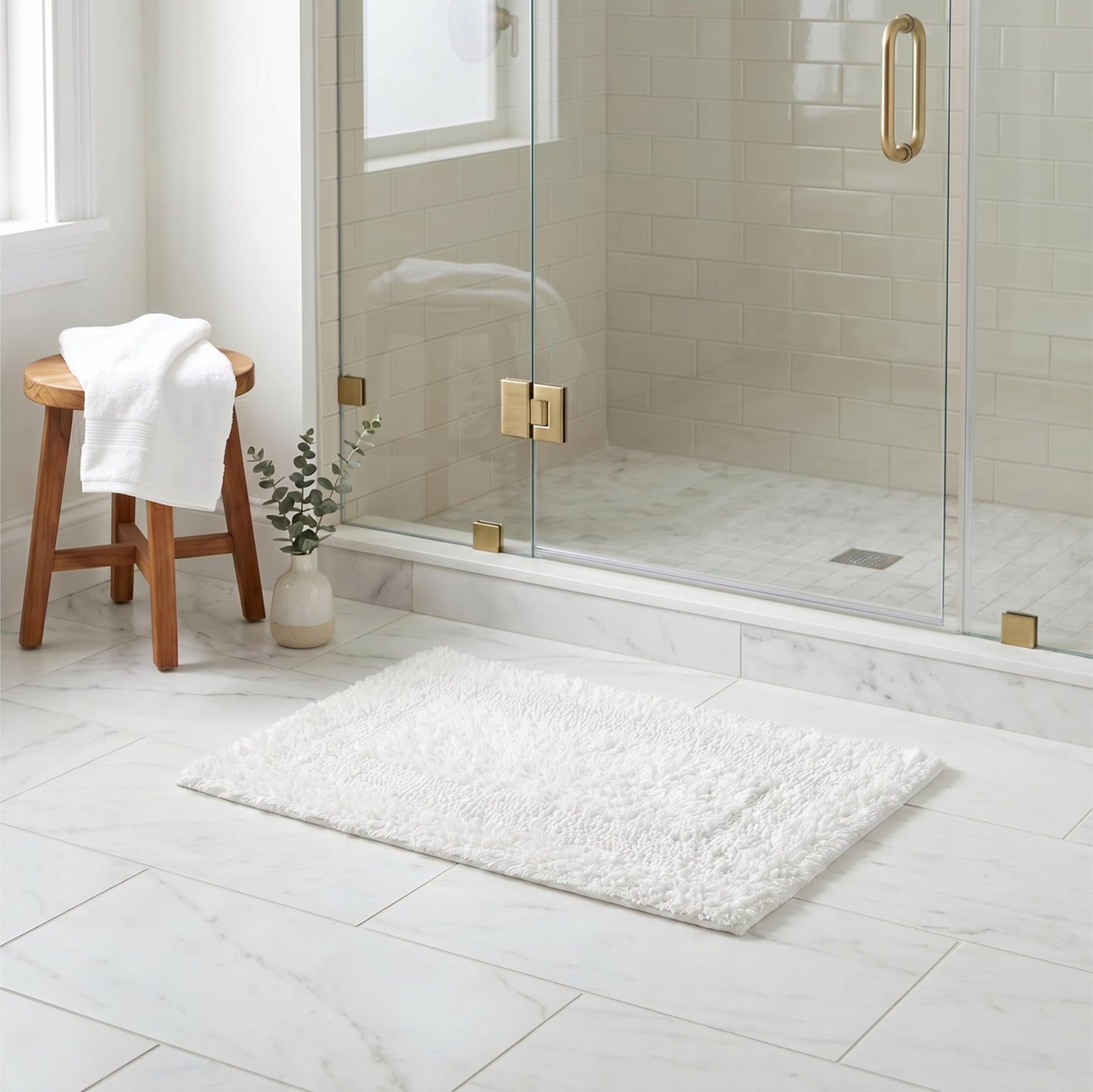 Cotton Reversible Bathmat Rug 17x24 - White, Ultra Soft Bathtub Floor Bath Rugs Ideal for Toilet, Bathroom, Kitchen | Super Absorbent Quick Dry Hotel Quality Throw Mat for Machine Washable