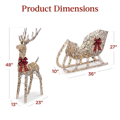 Best Choice Products Lighted Christmas 4ft Reindeer & Sleigh Holiday Outdoor Yard Decoration Set w/ 205 LED Lights, Stakes, Zip Ties - Rattan
