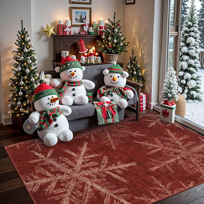 Lahome Christmas Washable Area Rugs, 3x5 Snowflake Entryway Rugs Indoor Non Slip Washable Red Rugs for Bedroom Holiday Decor, Soft Ultra-Thin Carpet for Living Room Kitchen Bathroom(3'x 5',Red)