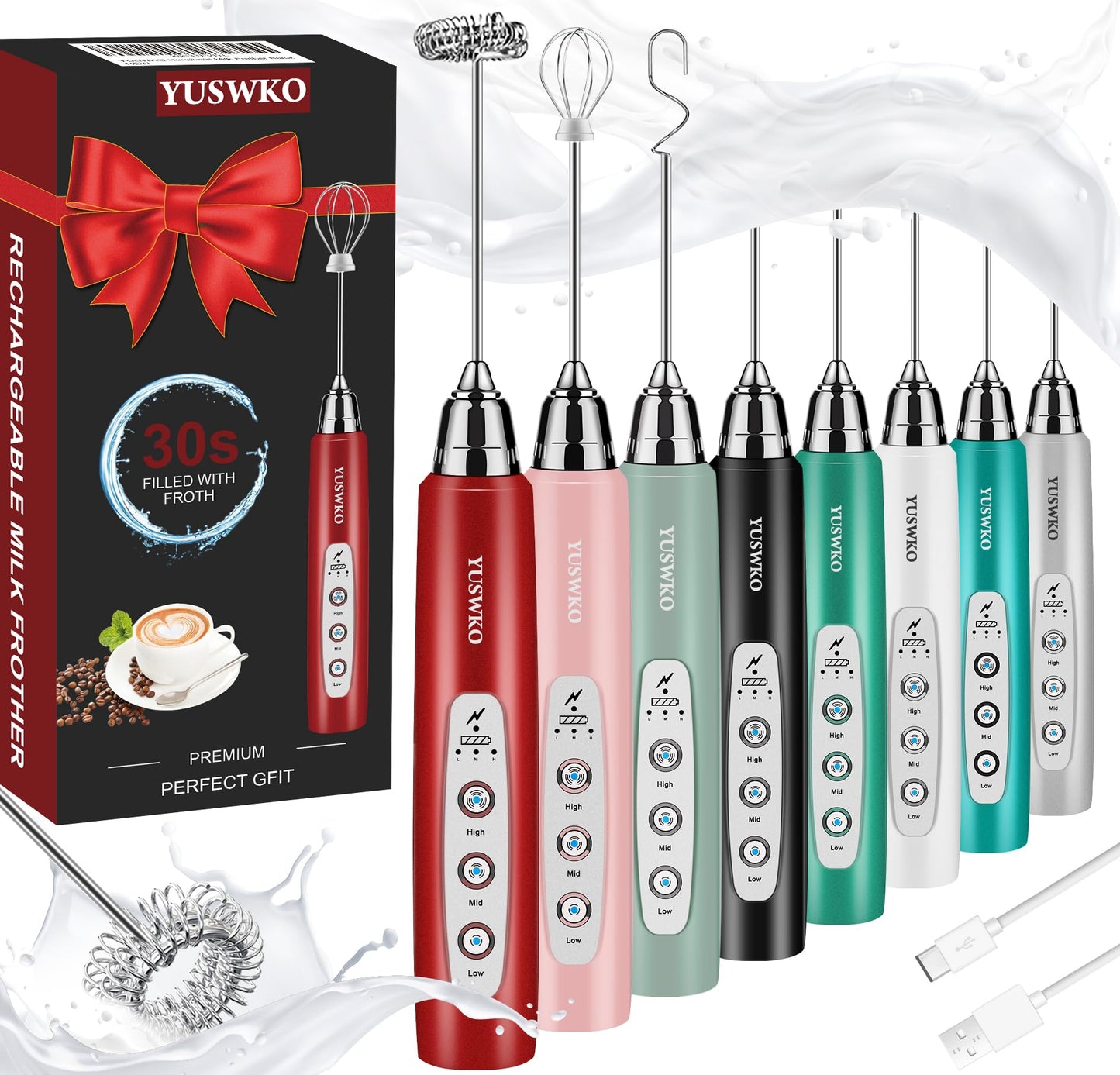 YUSWKO Black Handheld Milk Frother Wand for Coffee, Rechargeable Electric Whisk with 3 Heads 3 Speeds Drink Mixer Coffee Frother For Latte, Cappuccino, Hot Chocolate, Egg