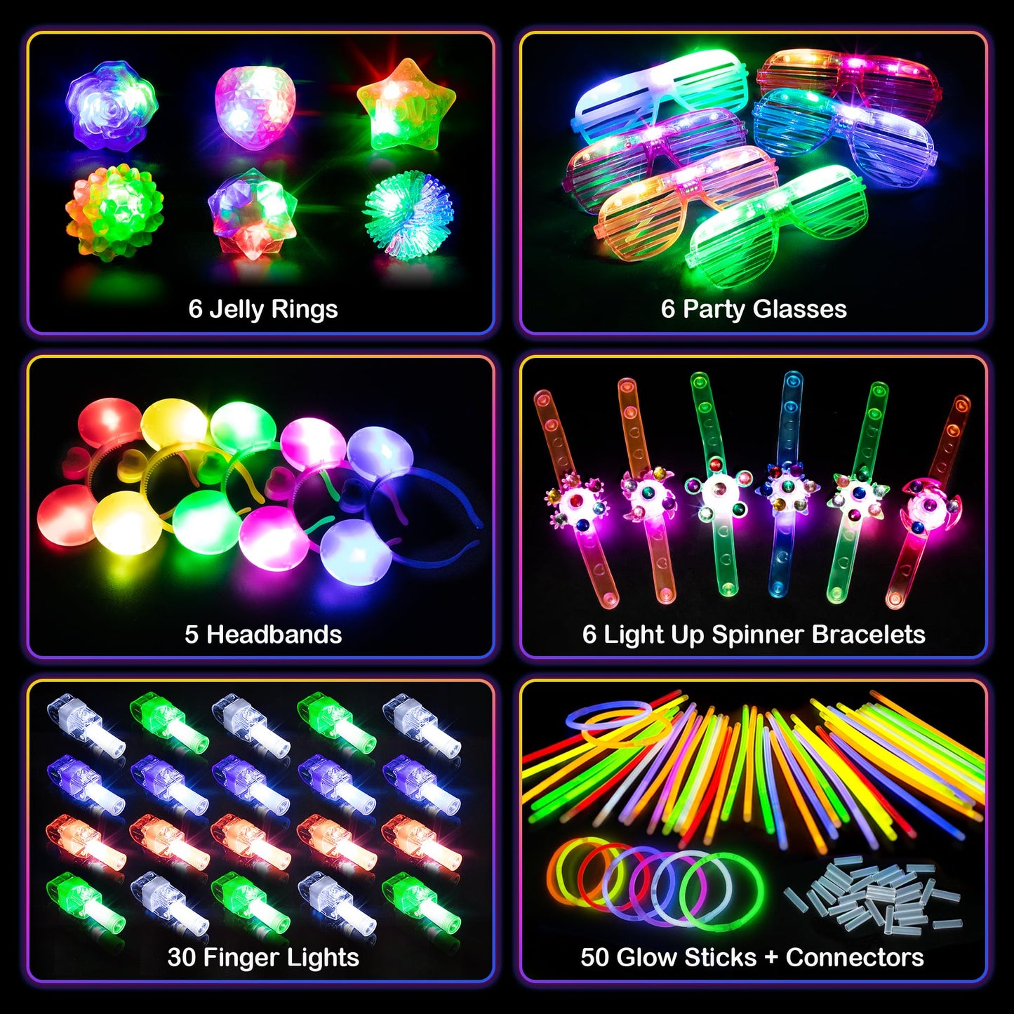Mocoosy 103PCS Glow in the Dark Party Supplies, Light Up Party Favors for Kids, Halloween Carnival Neon Toys Bulk Party Pack With Glow Sticks, Glasses, LED Bracelets, Finger Lights, Ring, Headbands