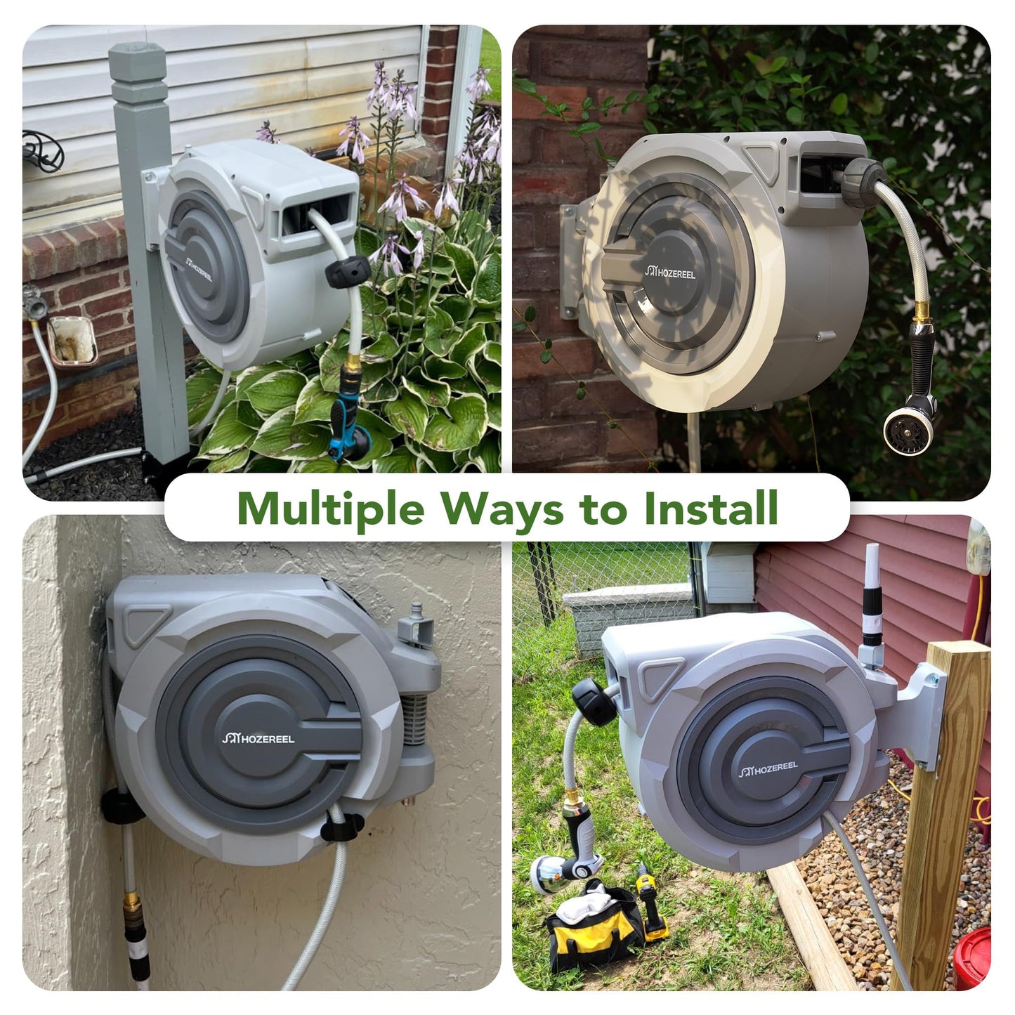 110 FT Retractable Garden Hose Reel by HOZEREEL, Outdoor Garden Hose Reels 1/2" - Automatic Self Retract Wall Mount Hose Reel Enclosed Storage, Any Length Lock, 10 Pattern Nozzle-Grey