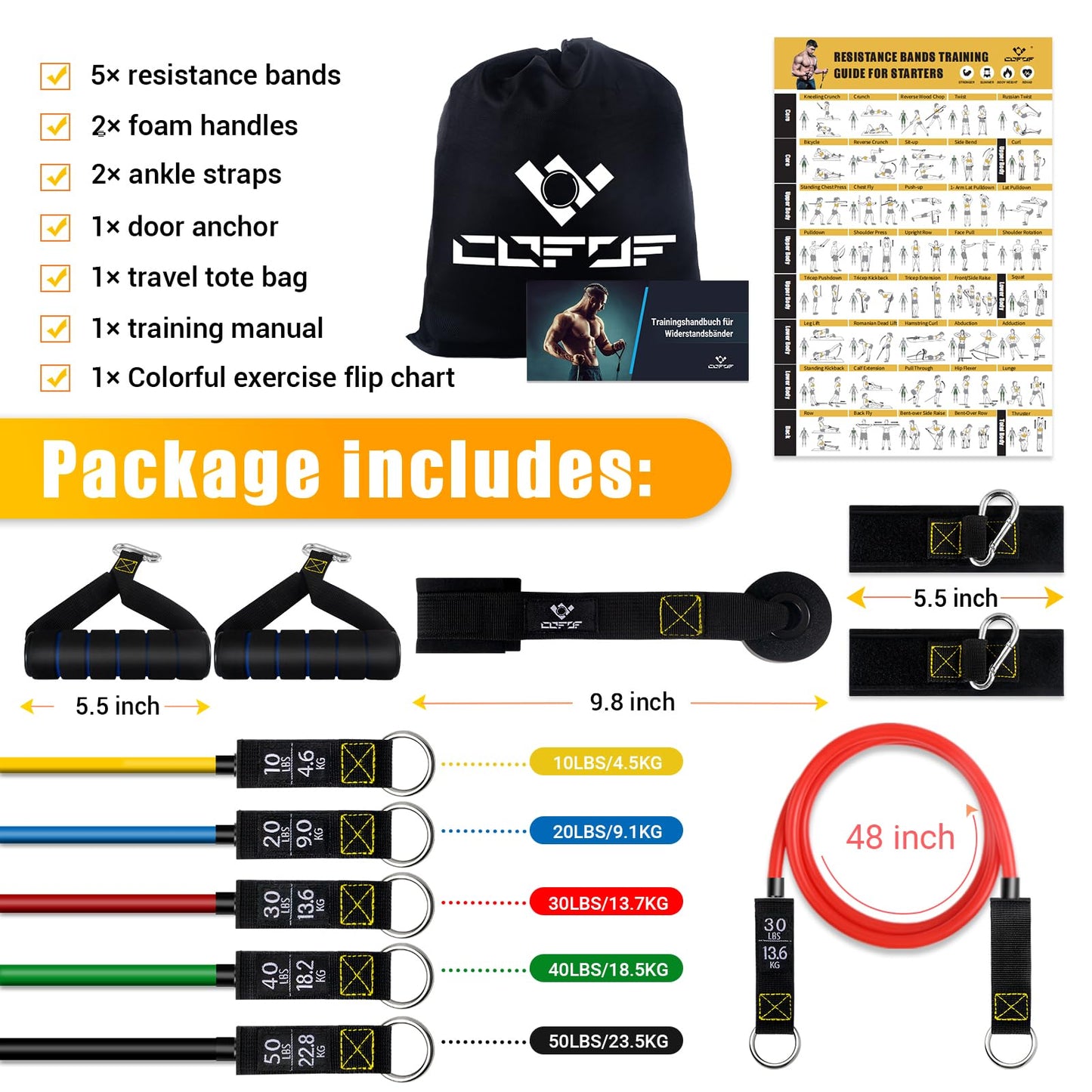 COFOF Resistance Bands Set with Handles, Exercise Bands Stackable up to 150lbs, Gym Bands with Workout Poster & Door Anchor & Ankle Straps for Fitness, Strength, Yoga, Home Gym Equipment for Men Women