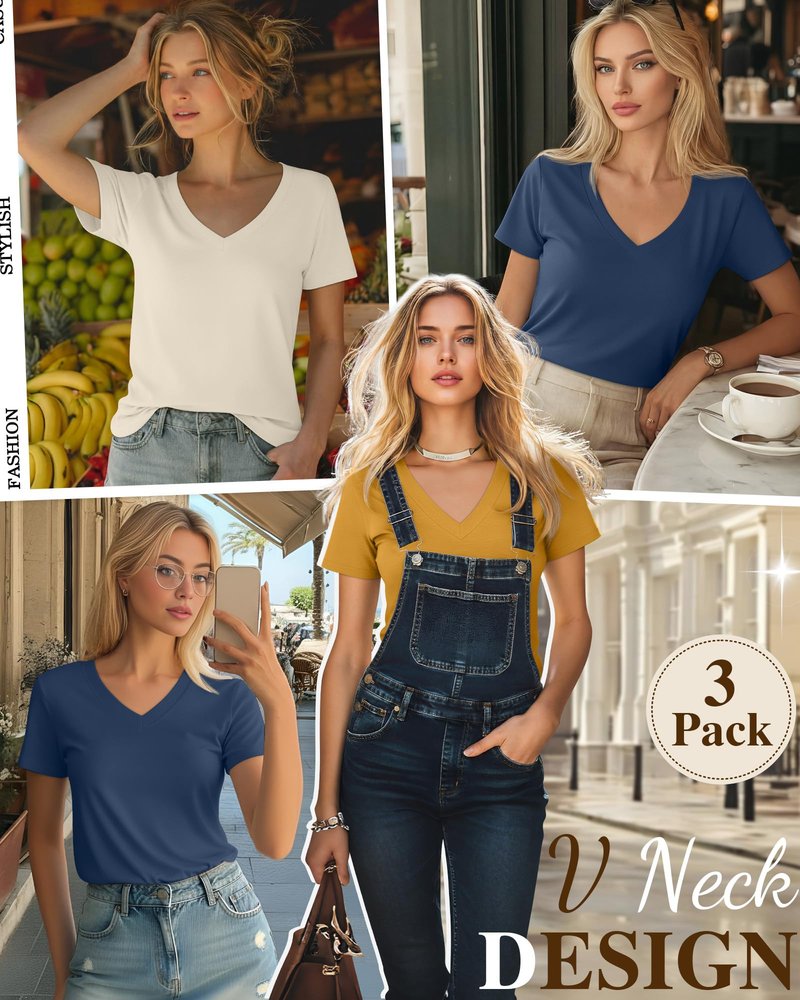 Ficerd 3 Pack Women's V Neck T-Shirts Short Sleeve Tunic Tops Casual Summer Curved Hem Tees Loose Fit Solid Basic Tshirt 2026(Turmeric, Cream, Hazy Blue,X-Large)