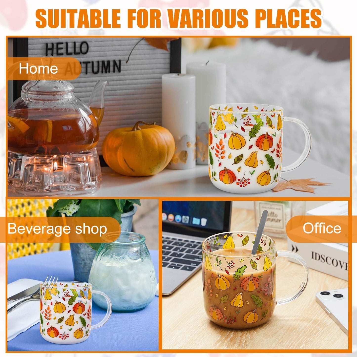 CHENGU Pumpkin Mug with Handle, 15 oz Clear Pumpkin Glass Cup Gift Fall Cup with Stainless Steel Spoon for Coffee Tea Milk Stuff Decor for Christmas Thanksgiving