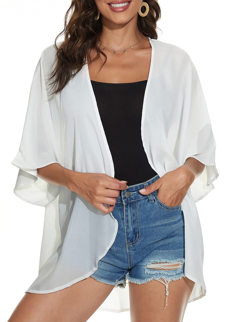Women Summer Tops Kimono Cardigans Sheer Beach Cover Ups Chiffon Open Front Shirts （White,L)