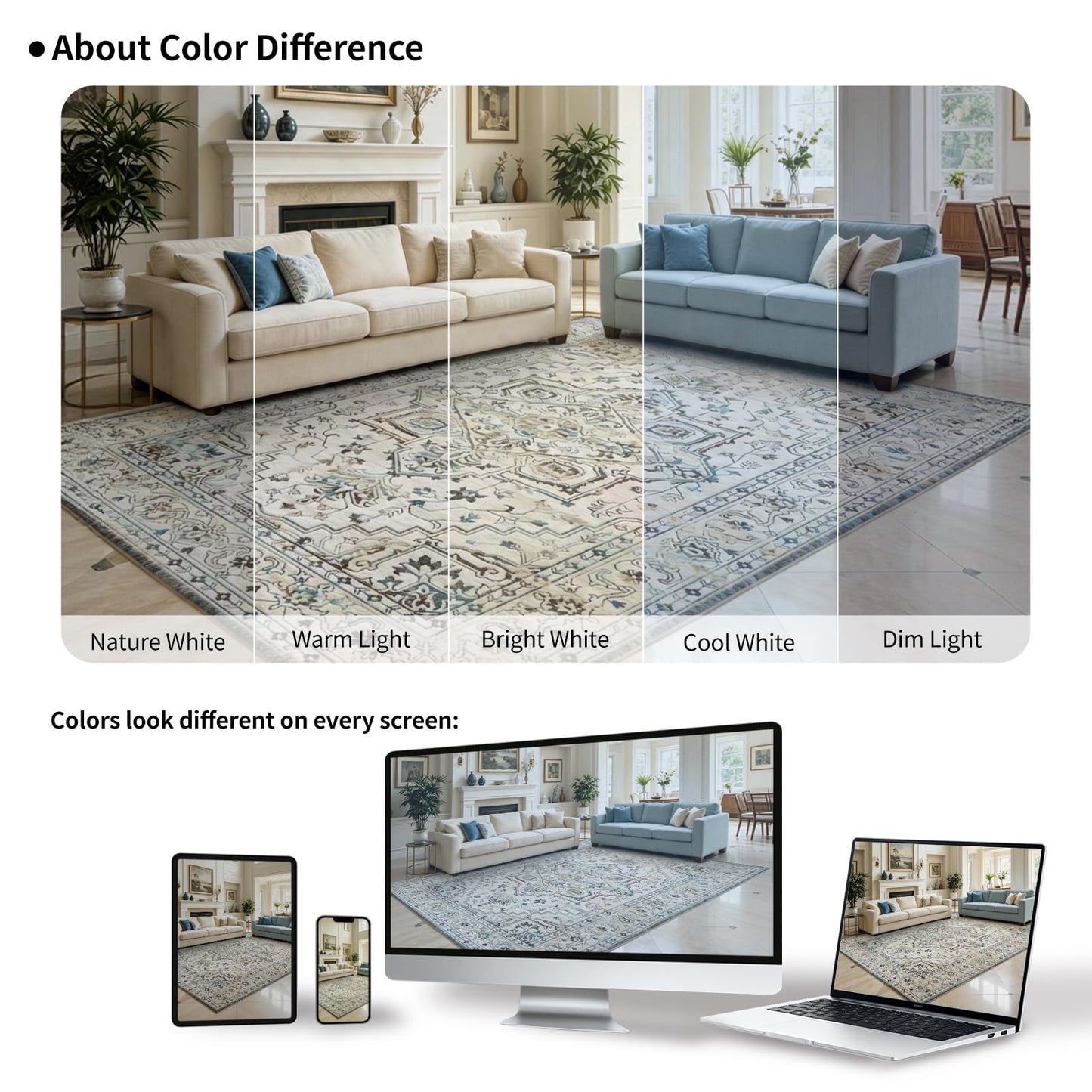 Vintage Washable Area Rug 8x10, Non-Slip Low-Pile Farmhouse Persian Carpet for Living Room Dining Room Bedroom, Stain Resistant Traditional Indoor Rug, Neutral Cream Blue