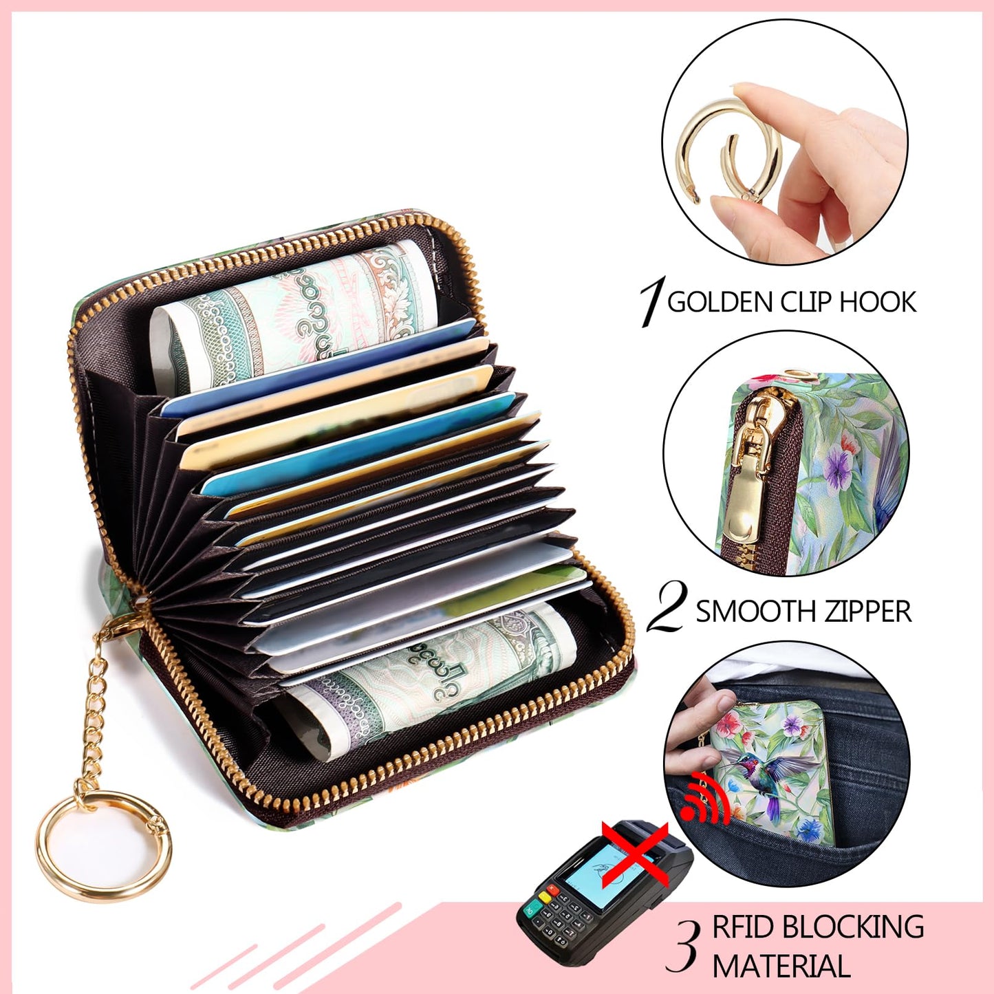 Blusabaca RFID Wallet, Credit Card Holder for Women, Bird Small Wallet with Card Slots Zipper, Leather RFID Card Holder, Card Keychain Wallet, Card Case RFID Blocking Accordion Gift