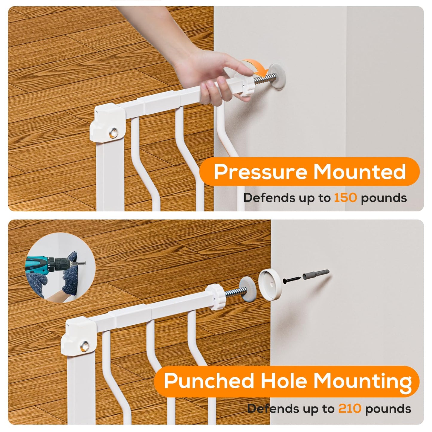 MUTAK 29-43" Baby Gate for Stairs, Baby Safety Essentials, Auto Close Gate for Doorways, Easy Install Pressure Mounted Dog Gate Indoor, Pet Gates for Dogs, White