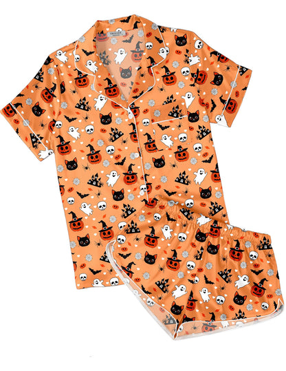 Ekouaer Womens Silky Satin Pajamas Short Sleeve Sleepwear Soft Button Down Loungewear 2 Piece PJS Shorts Set Orange Halloween Print Small