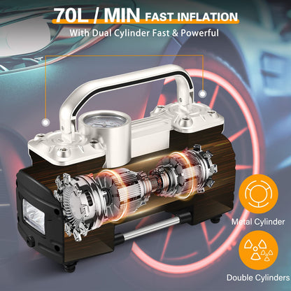 GSPSCN Silver Dual Cylinder 12V Air Compressor Pump for Car, Heavy Duty Portable Tire Inflator 150PSI with LED Work Lights for Auto,Truck,SUV, RV,Balls etc