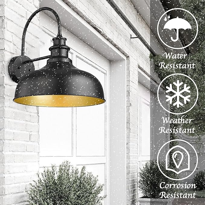 Bestshared Large Outdoor Farmhouse Barn Lights 16 Inch Dome Outdoor Wall Lantern Industrial Wall Sconces Exterior Gooseneck Mount Light,Vintage Outdoor Lighting Fixture (2Pack, Black+ Gold)