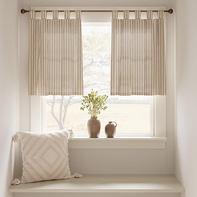jinchan Tab Top Linen Kitchen Curtains 36 Inch Striped Tier Curtains Ticking Stripe Small Drapes for Living Room Bathroom Cafe Small Window Farmhouse Rustic Pinstripe Rod Pocket 2 Panels Tan