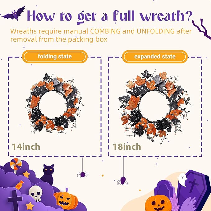 YNYLCHMX 18" Halloween Wreath for Front Door, Halloween Door Wreaths, Fall Autumn Farmhouse Wreath with Golden and Black Maple Leaves for Home Winsow Decorations Indoor Outdoor Party Decor