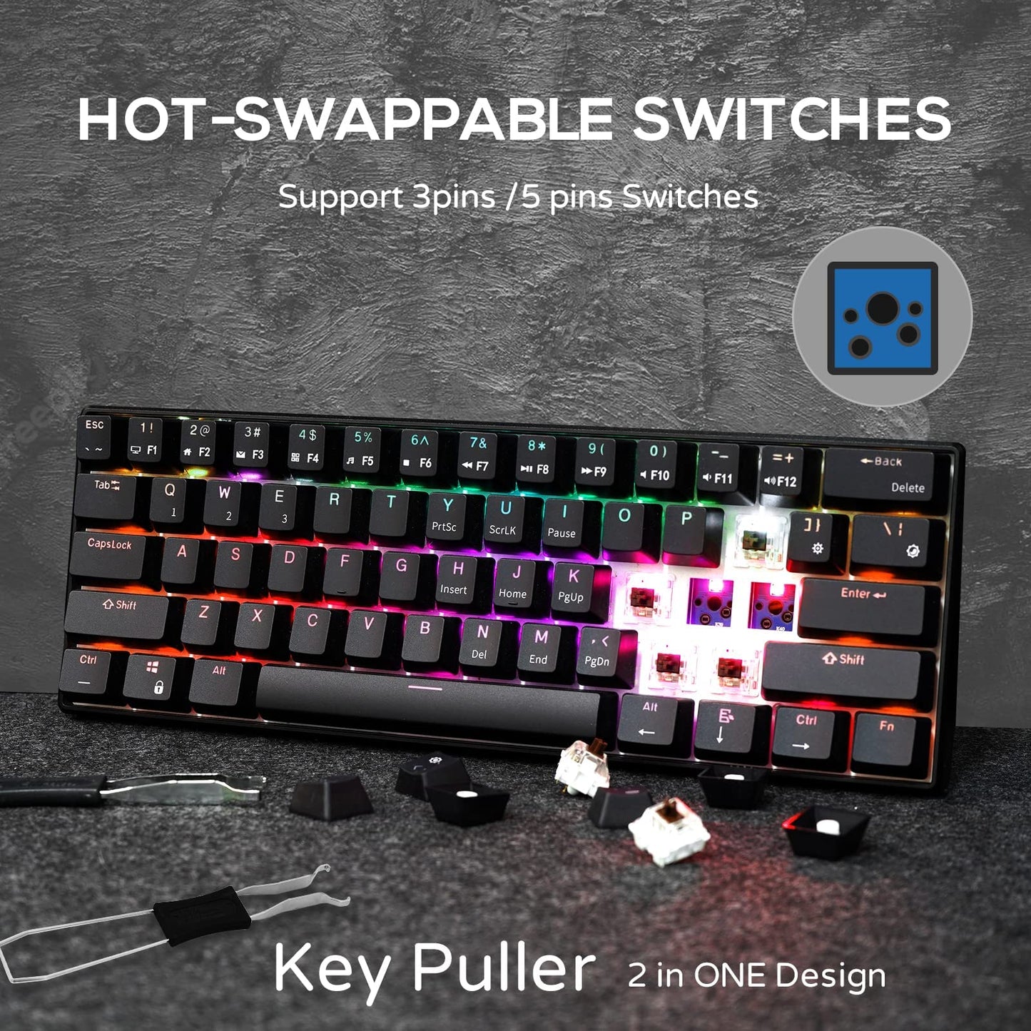 RK ROYAL KLUDGE RK61 60% Mechanical Keyboard with Coiled Cable, 2.4Ghz/Bluetooth/Wired, Wireless Bluetooth Mini Keyboard 61 Keys, RGB Hot Swappable Red Switch Gaming Keyboard with Software - White