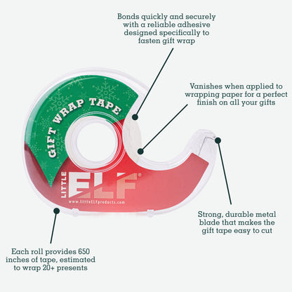 Little ELF Gift Wrap Tape, 6 Rolls, 3/4 x 650 Inches, Clear, Transparent Tape for Wrapping Paper, Christmas, Holiday