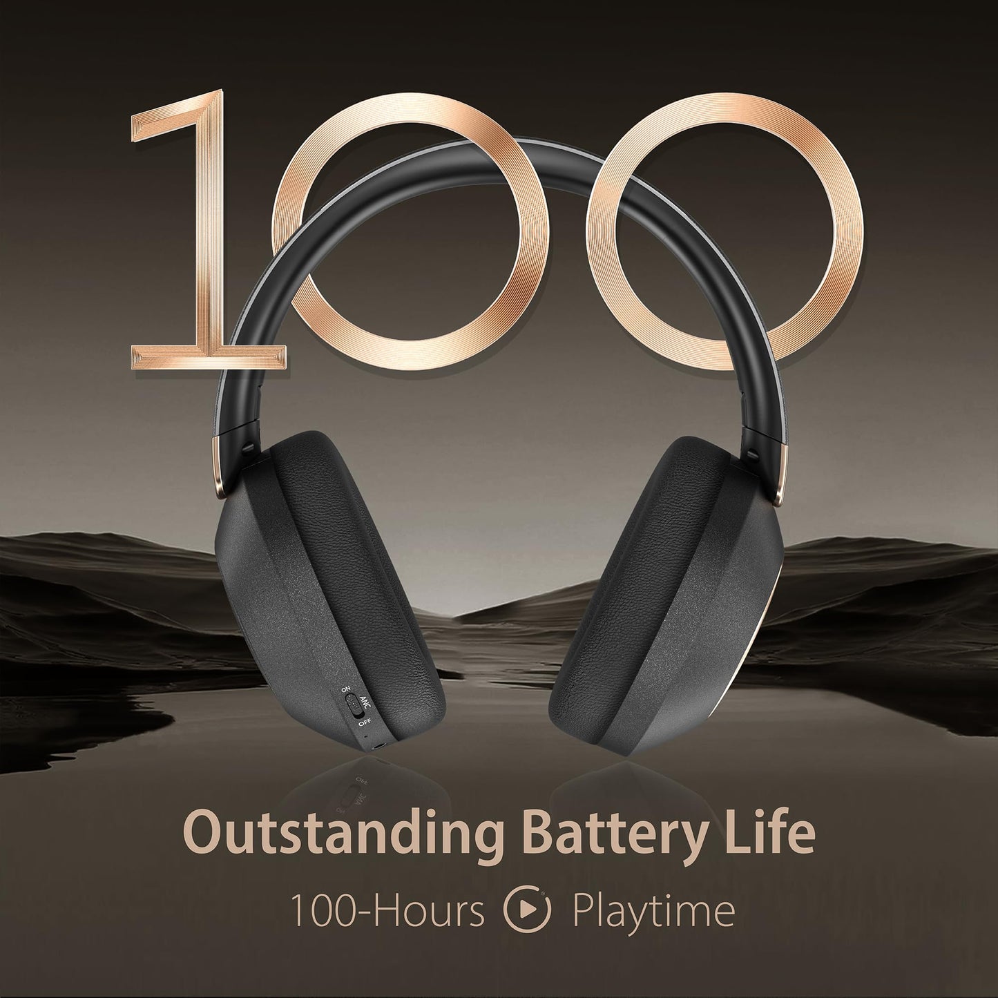 Active Noise Cancelling Headphones, 100H Playtime Headphones Wireless Bluetooth, Bluetooth Headphones with Microphone, Over- Ear Wireless Headphone with Deep Bass,Fast Charging for Travel,Office,Home