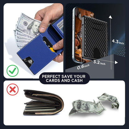 Wallet for Men - Pop Up Case, Cash Slot, and Credit Card Slot - Slim Aluminum Wallet with RFID Blocking, Minimalist Leather Wallet Front Pocket with ID Window, Gift Box (Carbon Fiber), Carbon Blue