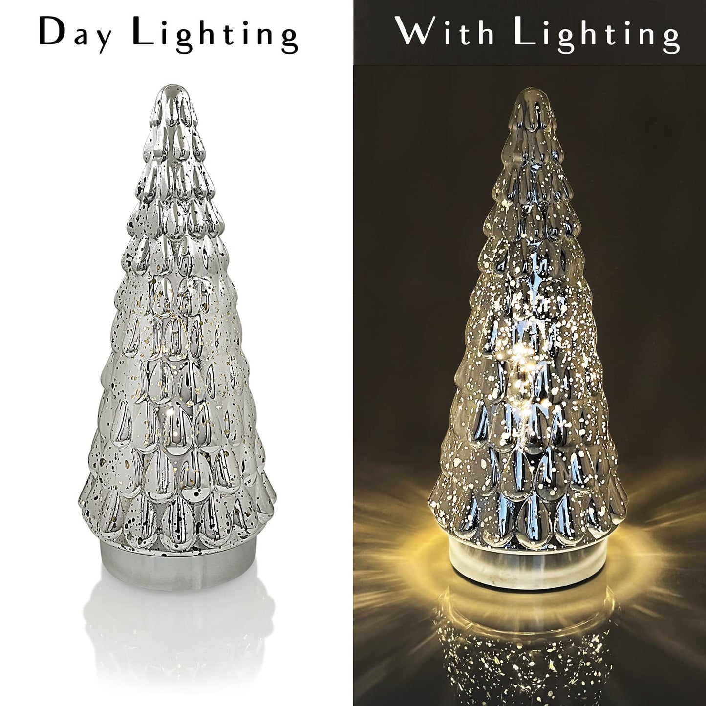 SHMILMH Silver Mercury Glass Christmas Tree, Small Tabletop Christmas Tree with Light, Battery Operated Mini Xmas Tree for Fireplace Bathroom Decor 10", Set of 2