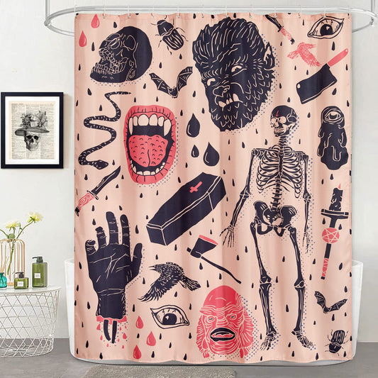 Estmy Vintage Halloween Shower Curtain Set Blush, Heavy Duty Waffle Fabric, Creepy Gothic Skeleton Skulls Bats Fun Cute Halloween Themed Shower Curtains with Hooks Scary Spooky Horror Bathroom Decor