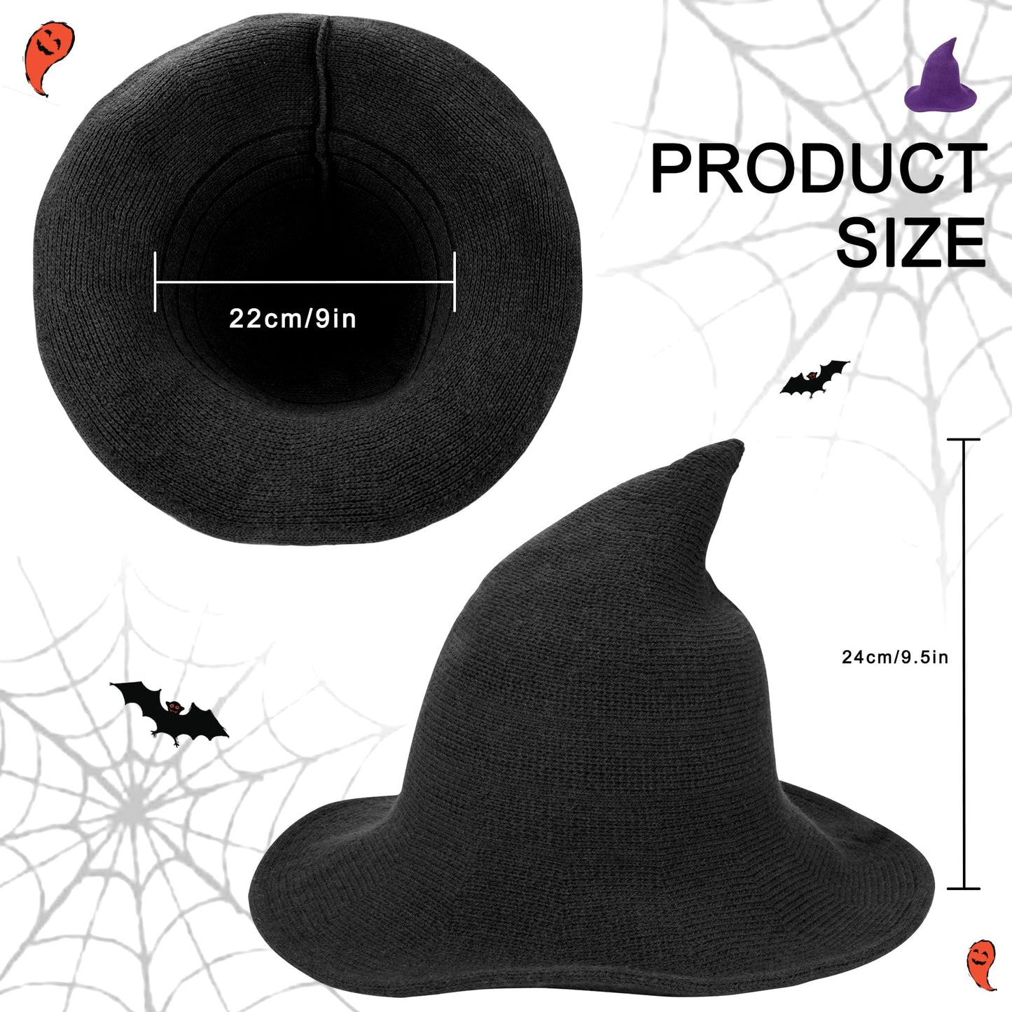 Edoneery Halloween Witch Hat for Women Wide Brim Foldable Pointed Cap for Halloween Party Costume Accessory