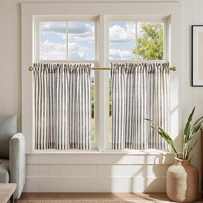 jinchan Striped Linen Kitchen Curtains 24 Inches Length Tier Curtains Farmhouse Modern Cafe Small Window Treatments Airy Light Filtering Rod Pocket for Living Room Bathroom 2 Panels Jet Black
