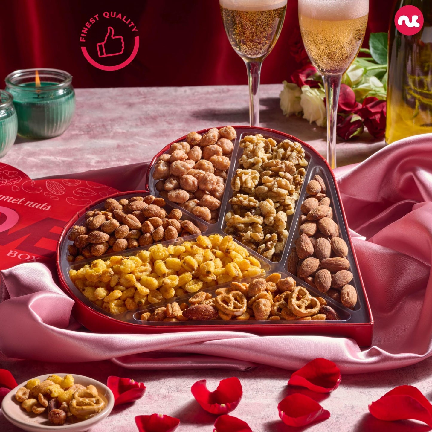 NUT CRAVINGS - Valentines Day Mixed Nuts Heart Shaped Gift Basket, Love in A Box (6 Assortments) Romantic Food Arrangement, Healthy Snack Care Package, Food Assortments