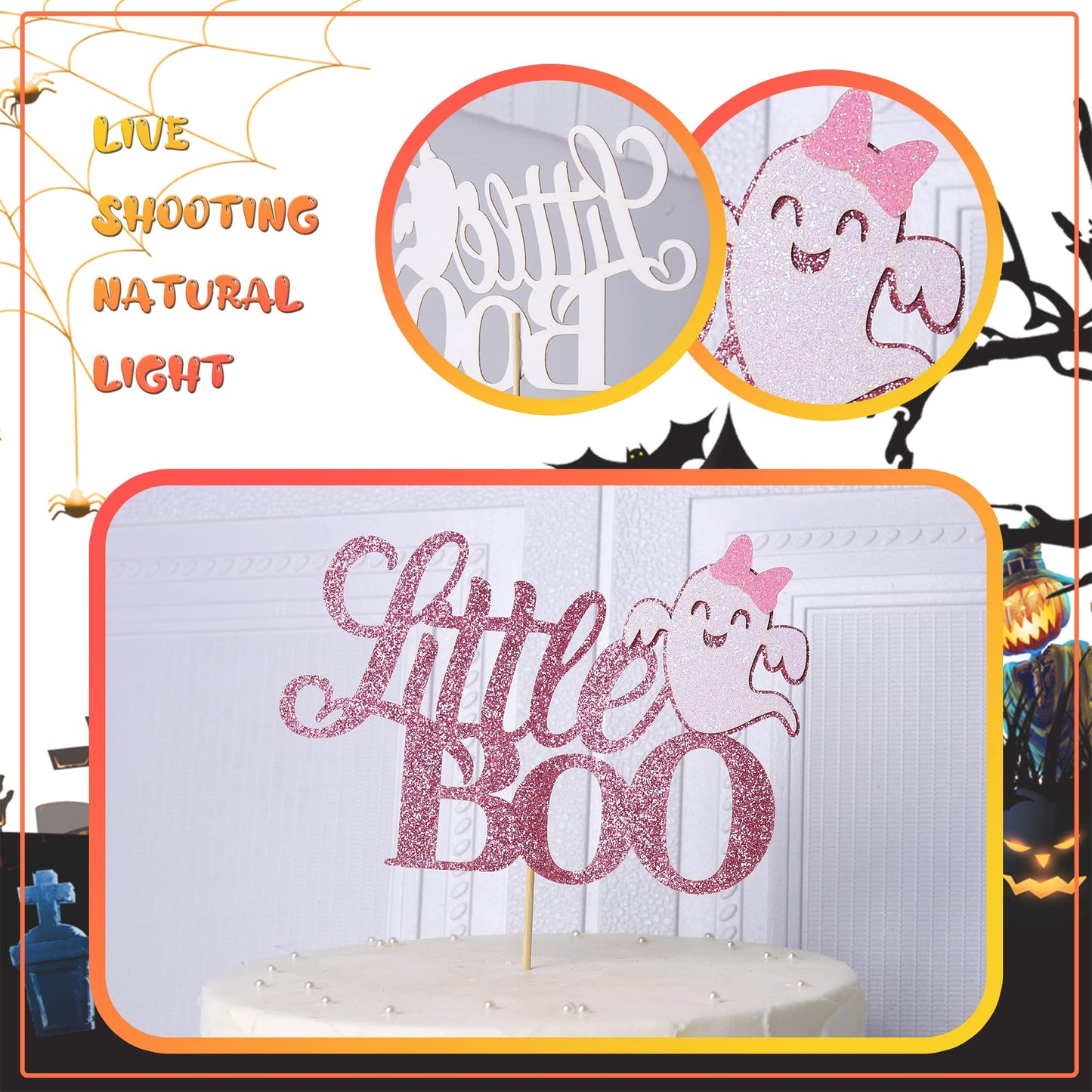 1 Pack Little Boo Halloween Cake Topper Glitter Happy Boo Day Ghost Cake Pick Baby Shower Birthday Happy Halloween Party Cupcake Decoration Supplies Pink