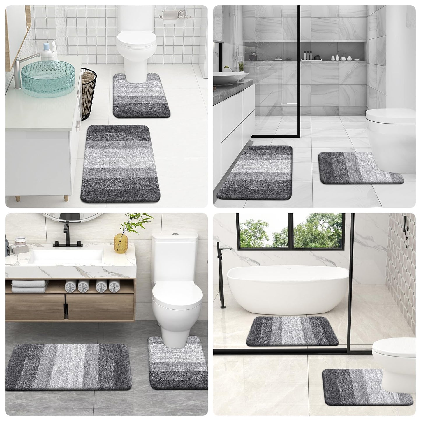 OLANLY Bathroom Rug Set 2 Piece, Soft Absorbent Microfiber Bath Mats and U-Shaped Contour Toilet Rug, Non-Slip, Machine Wash Dry, Plush Shaggy Bath Mats for Bathroom (24"x16"+24"x20", Grey)
