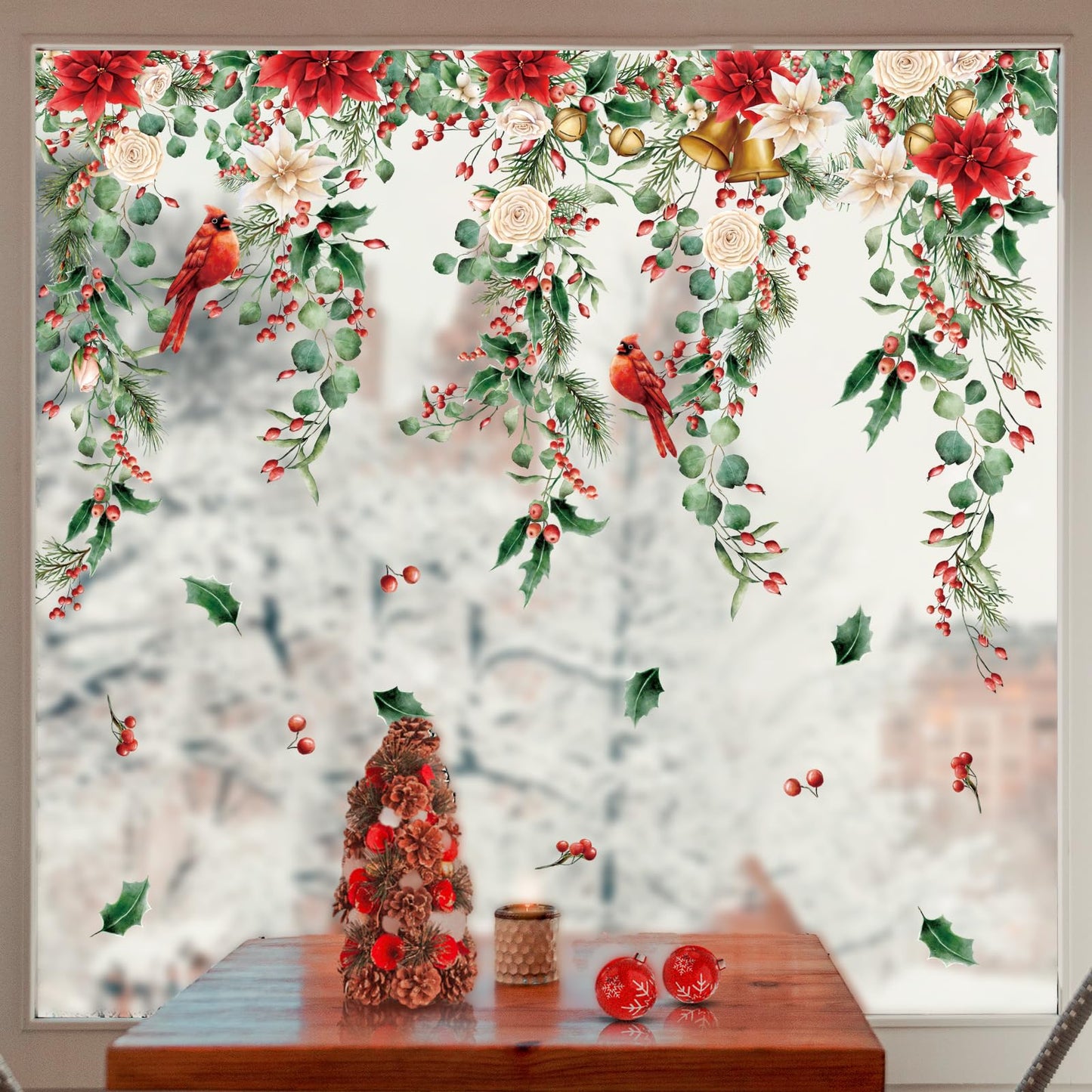 Whaline 9 Sheets Christmas Floral Window Cling Stickers Hanging Poinsettia Flowers Eucalyptus Leaves Reusable Window Decals for Xmas Winter Party Home Office Classroom Decoration