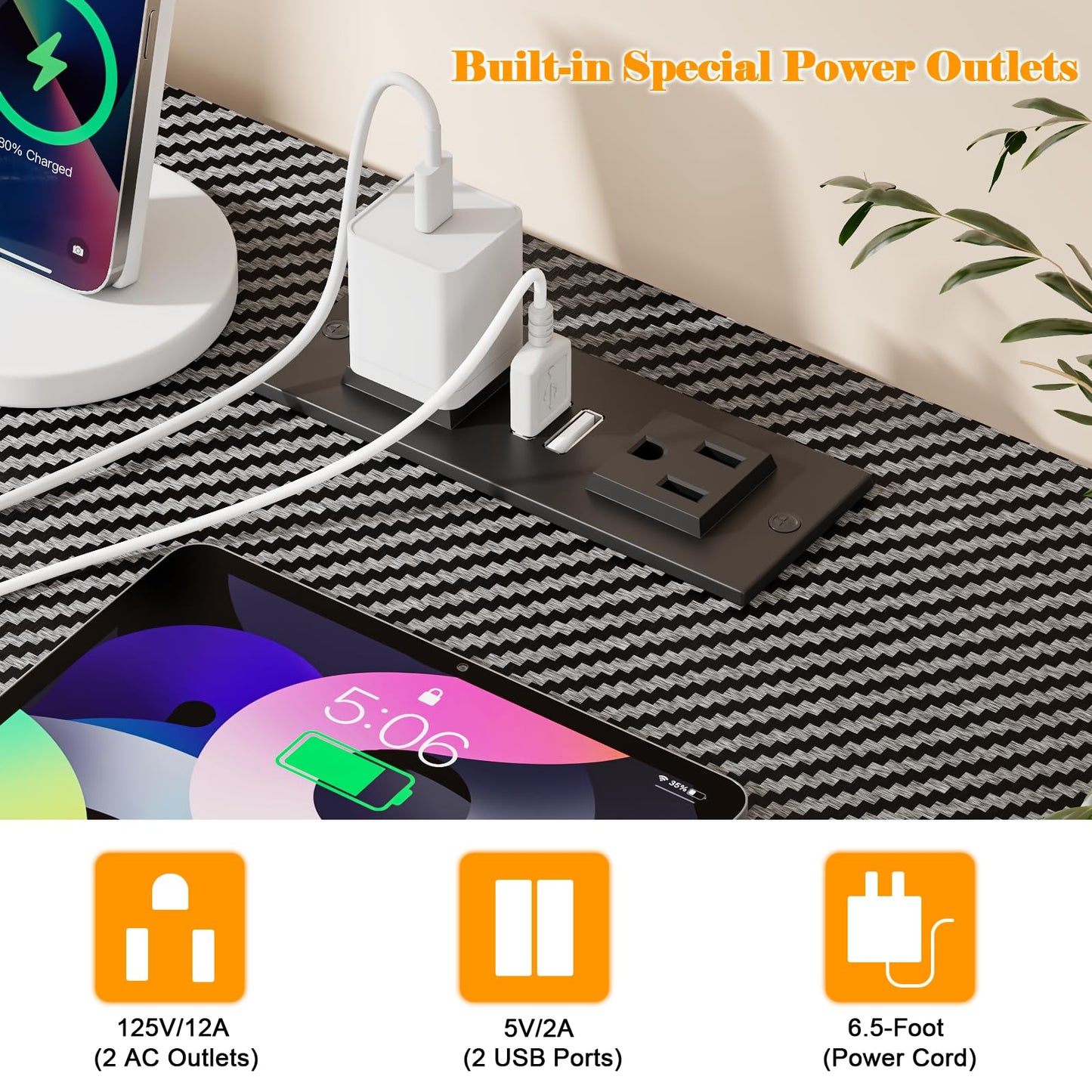 Furologee Double Desk with Power Outlets, 71 Inch Computer Desk with Storage Bag and Headphone Hooks, Gaming Desk Study Writing Table for Home Office, Black