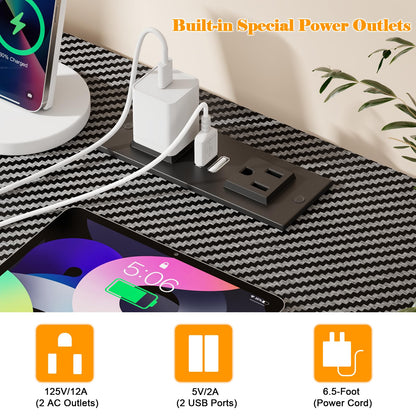 Furologee Double Desk with Power Outlets, 71 Inch Computer Desk with Storage Bag and Headphone Hooks, Gaming Desk Study Writing Table for Home Office, Black