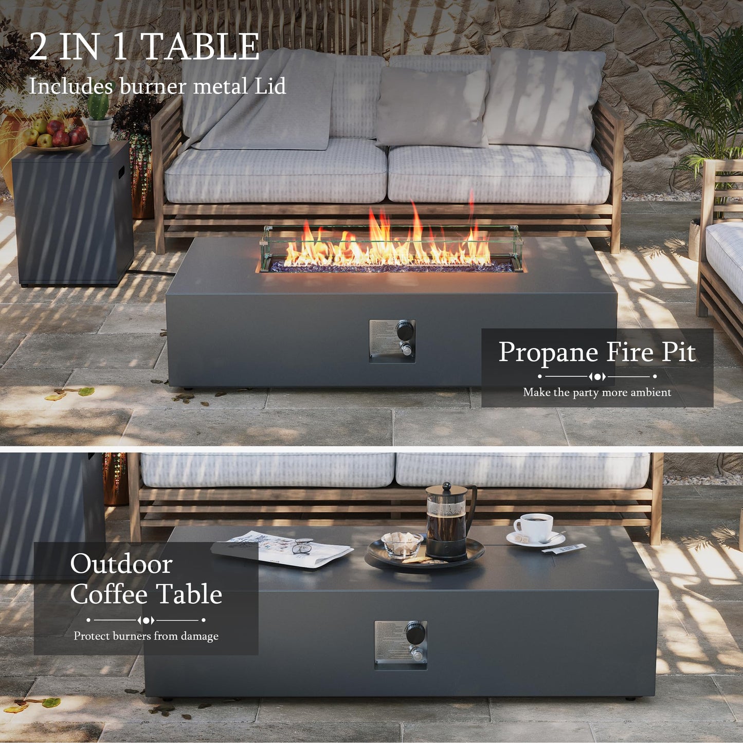 UPHA 56-inch Outdoor Propane Gas Fire Pit Table 50000 BTU Iron Rectangle Firepit for Outside Patio with Tank Hidden Table, Wind Guard, Removable Lid, Blue Glass Rocks, Rain Cover, Grey