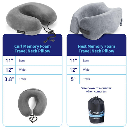 Travelrest Nest Memory Foam Travel Neck Pillow, Advanced Support for Long Flights, Patented Design for Optimal Relaxation, Compact, Ergonomic, and Washable, On-the-Go and Attacthes to Luggage - Gray