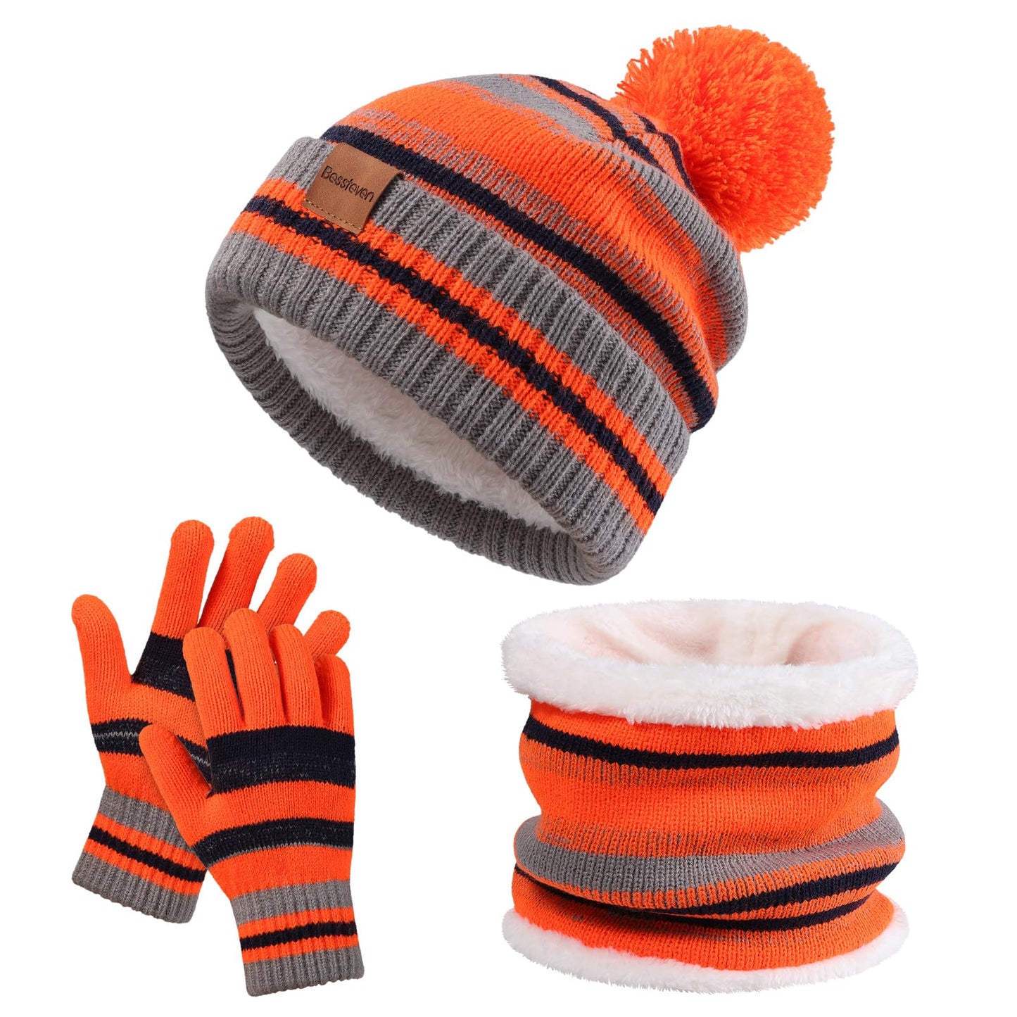 Kids Winter Hat Gloves Scarf Set: Girls Boys Children Beanie Gloves Neck Warmer Knit Set with Thick Warm Fleece Lined For 6-10 Years Old - Orange