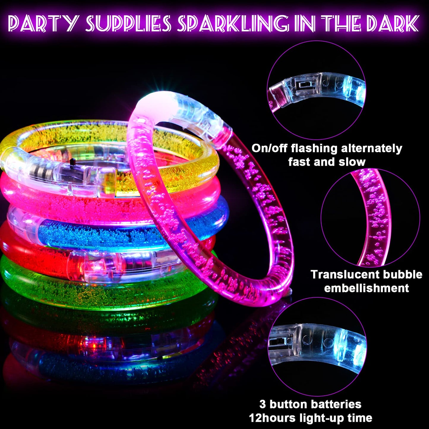 Mikulala 24Pcs Glow in the Dark Party Supplies for Kids/Adults, Flashing Light up Toys LED Bracelets Halloween Glow Sticks, Mardi Gras Party Favors Carnival Birthday Concert Gifts Accessory