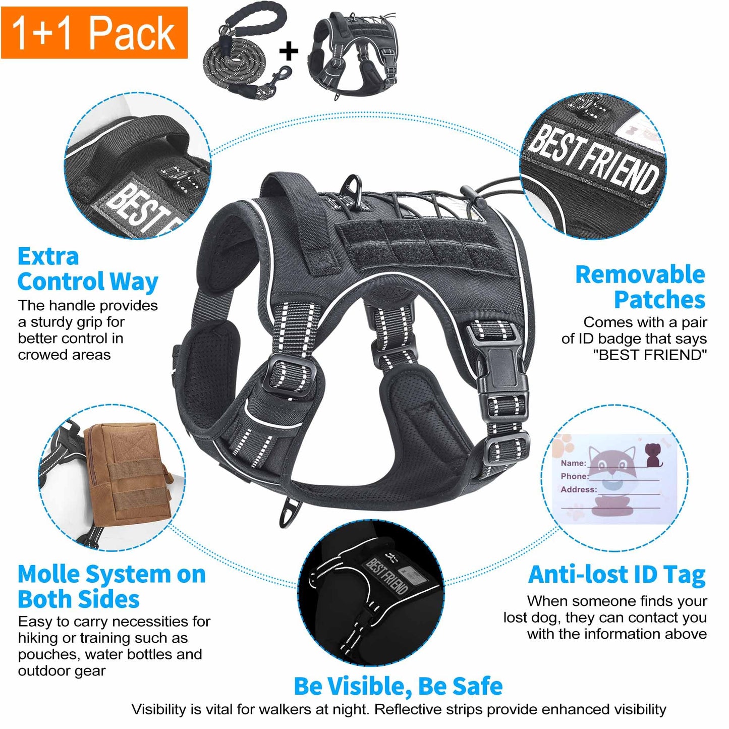 Beebiepet Heavy Duty Tactical Dog Harness for Medium Dogs, No Pull Adjustable Pet Harness Reflective Service Training Easy Control Pet Vest Military K9 Working Dog Harnesses- Medium, Black