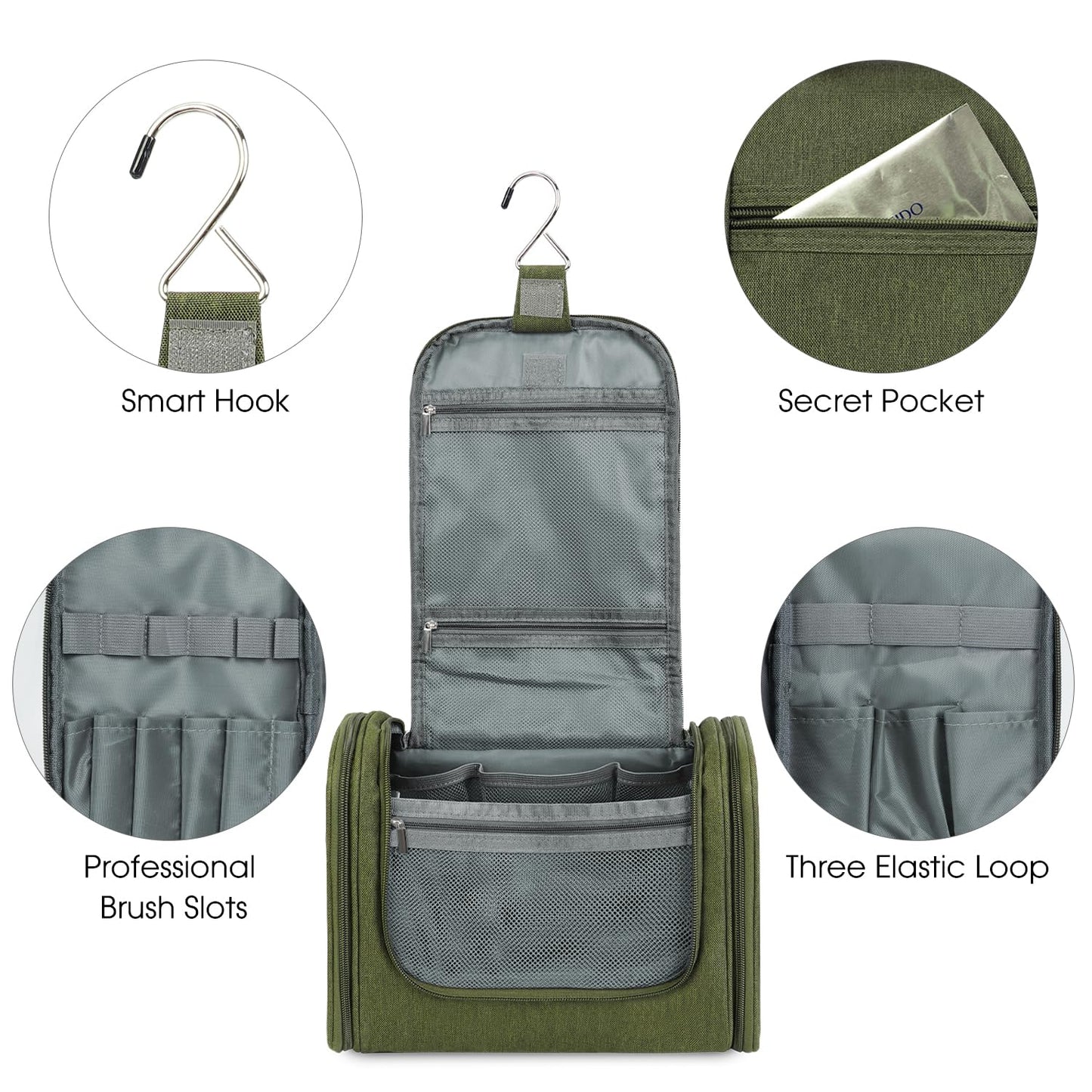 Large Hanging Toiletry Wash Bag Travel Makeup Cosmetic Organizer for Men Women by WANDF (Dark Green)