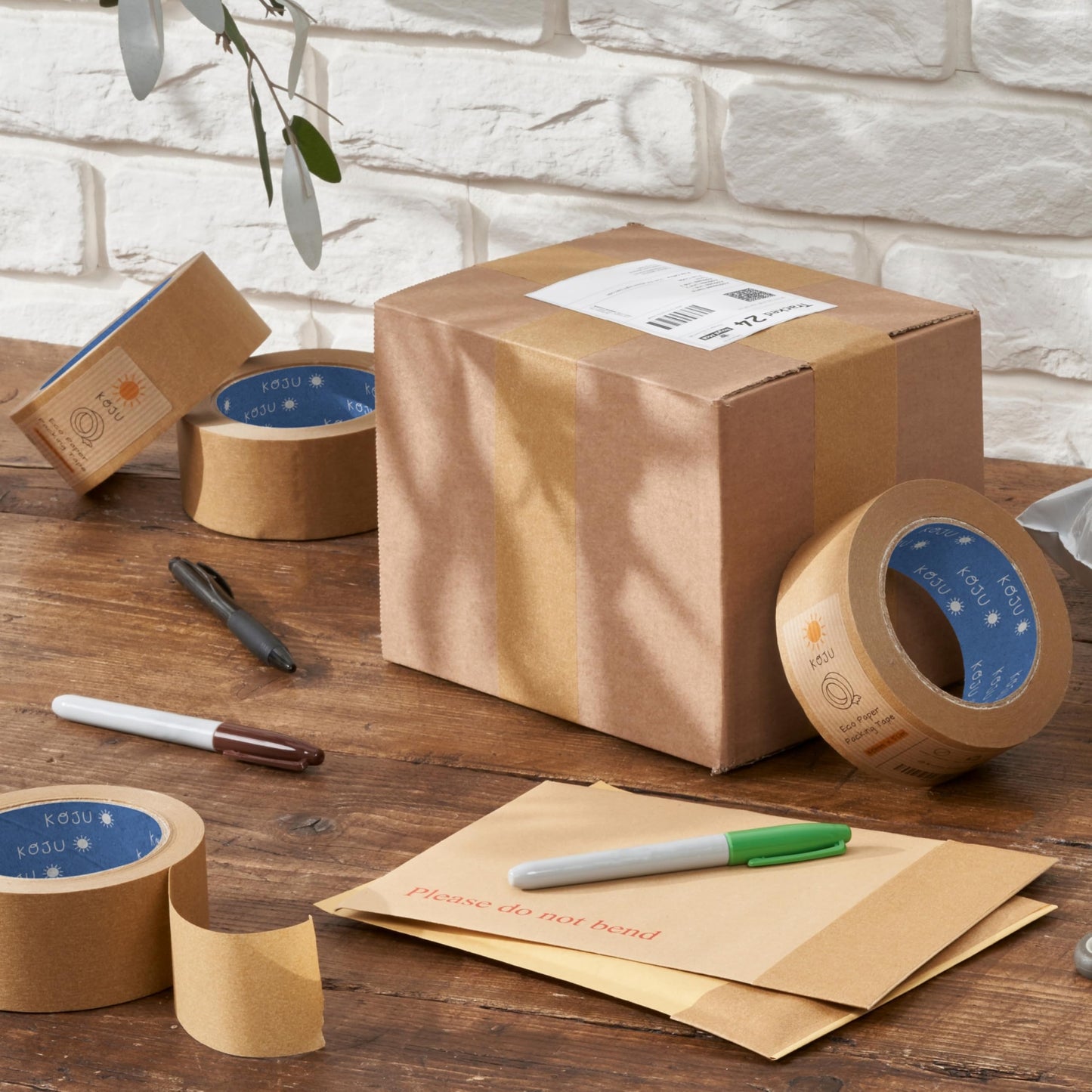 Koju Kraft Paper Packing Tape 48mm x 50m | 3 pack | Eco Friendly & Recyclable Brown Paper Tape for Parcel Packing & Picture Framing