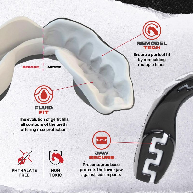 SAFEJAWZ Mouth Guard, Dual Layer Mouthguard for Adults with Case, Easy Fit Remoldable Mouthpiece for Football, Boxing, Lacrosse, MMA, Basketball & All Contact Sports (Adult 12+ Years, Black Fangz)